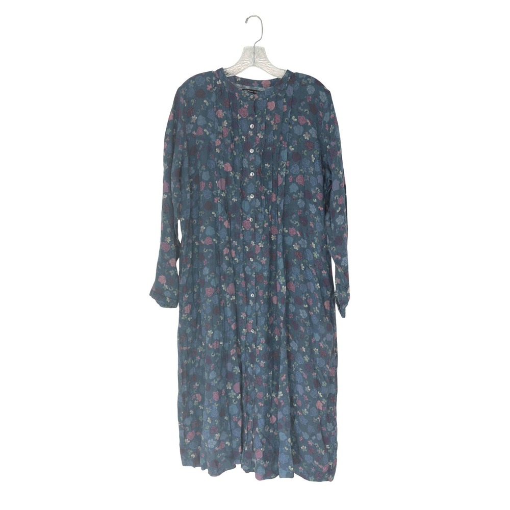 Gudrun Sjoden Midi Dress Hemp Blue Cottage Prairie‎ Pleated Button Front Large